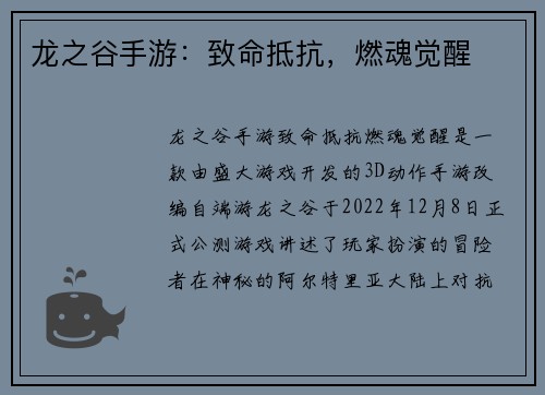 龙之谷手游：致命抵抗，燃魂觉醒