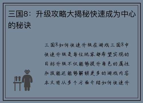 三国8：升级攻略大揭秘快速成为中心的秘诀