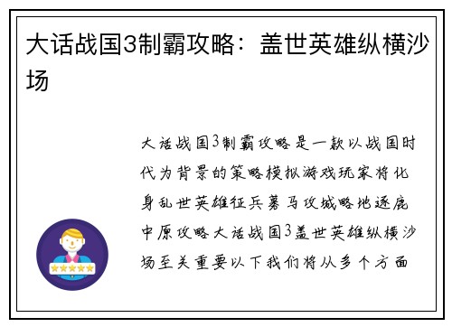 大话战国3制霸攻略：盖世英雄纵横沙场