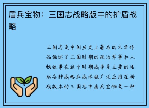 盾兵宝物：三国志战略版中的护盾战略